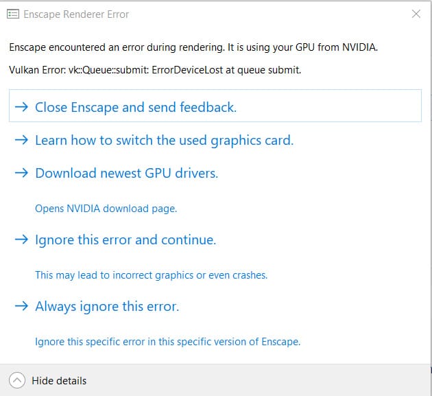 Khắc phục lỗi Enscape Render bị văng file 3 Render enscape báo lỗi