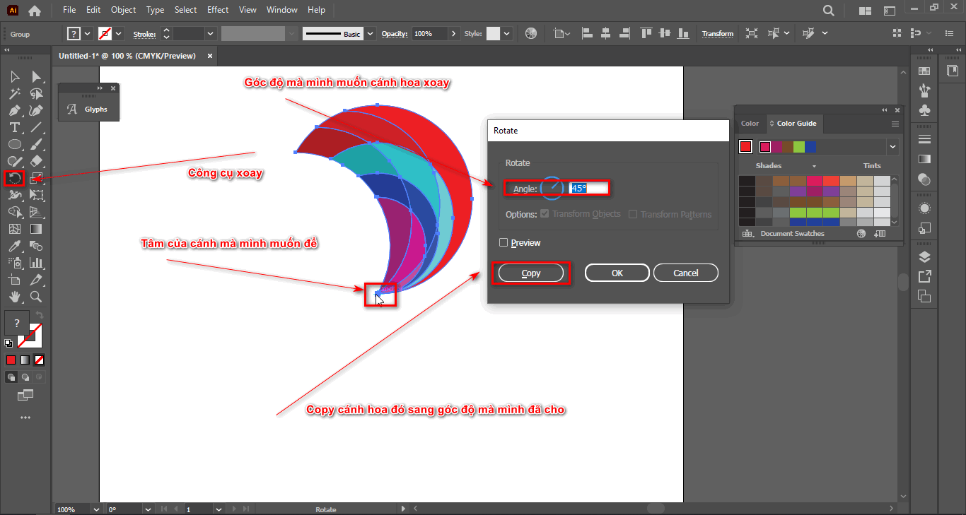 Vẽ bông hoa trong illustrator 9 Bước 5.2 xoay và lặp lại để thành một bông hoa