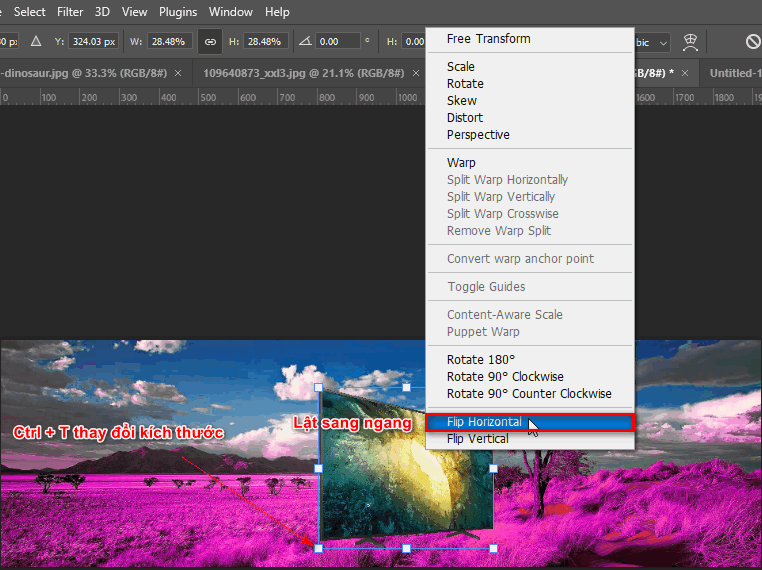 Cách tạo background 3D trong Photoshop 5 đem đối tượng tivi qua background