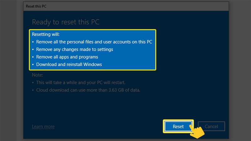 Nhấp Reset để bắt đầu cài đặt lại Nhấp Reset để bắt đầu cài đặt lại