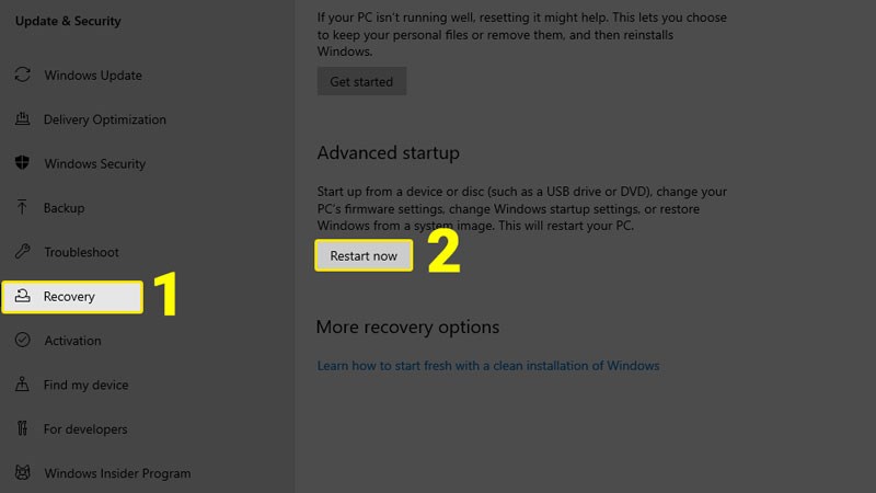 Chọn Restart now Chọn Restart now